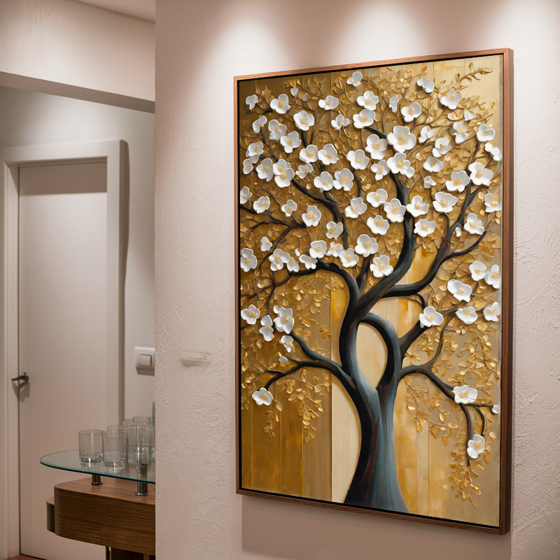 Quadro Decorativo Flores - Árvore com Folhas Brancas em Fundo Dourado