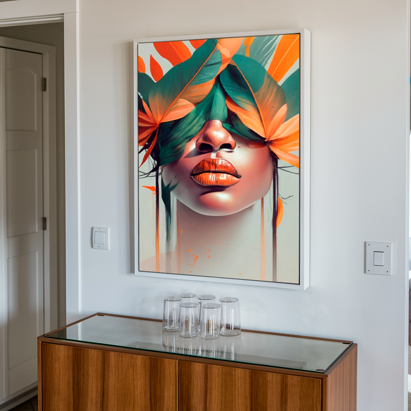 Quadro Decorativo Mulher - Penas e Tons Laranja