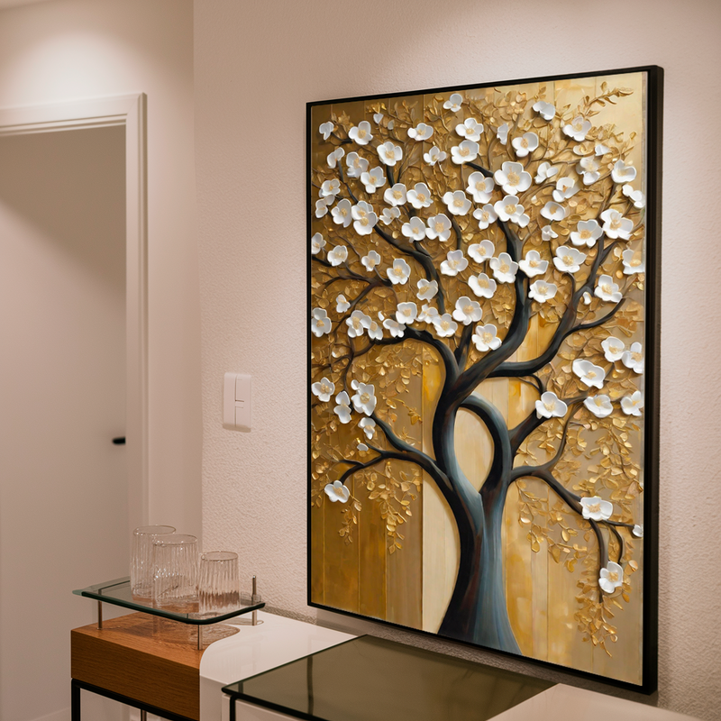 Quadro Decorativo Flores - Árvore com Folhas Brancas em Fundo Dourado