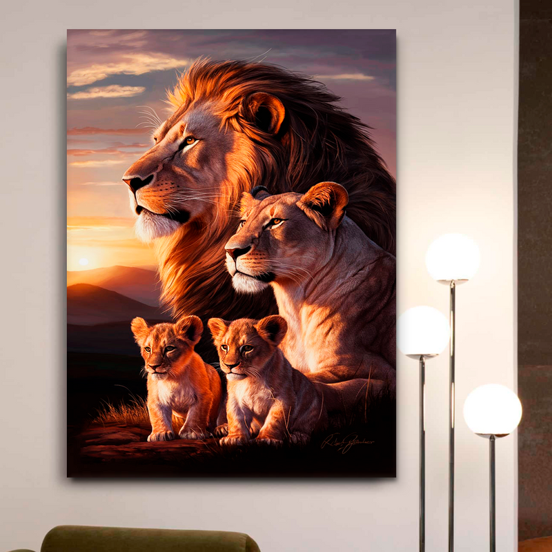 Quadro Decorativo Família de Leões 2 Filhotes - Entardecer