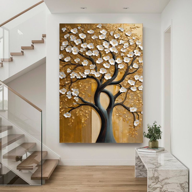 Quadro Decorativo Flores - Árvore com Folhas Brancas em Fundo Dourado