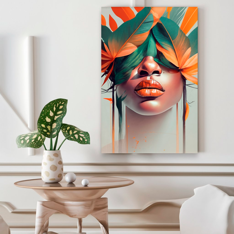 Quadro Decorativo Mulher - Penas e Tons Laranja