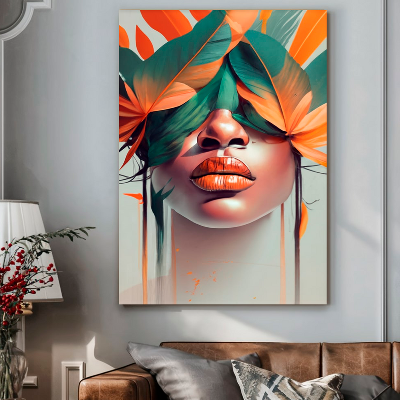 Quadro Decorativo Mulher - Penas e Tons Laranja