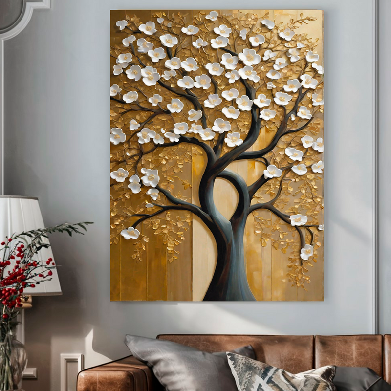 Quadro Decorativo Flores - Árvore com Folhas Brancas em Fundo Dourado