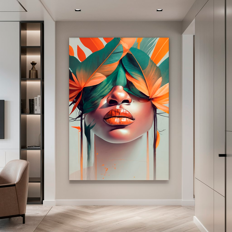 Quadro Decorativo Mulher - Penas e Tons Laranja