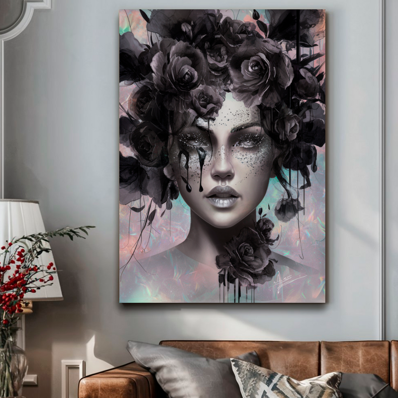 Quadro Decorativo Mulher - Flores Negras