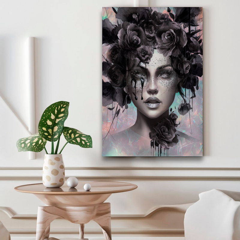 Quadro Decorativo Mulher - Flores Negras