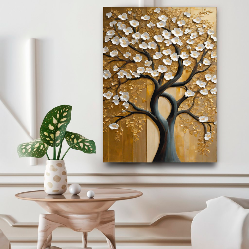 Quadro Decorativo Flores - Árvore com Folhas Brancas em Fundo Dourado