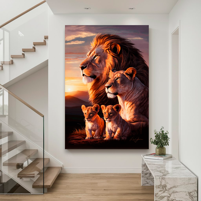 Quadro Decorativo Família de Leões 2 Filhotes - Entardecer