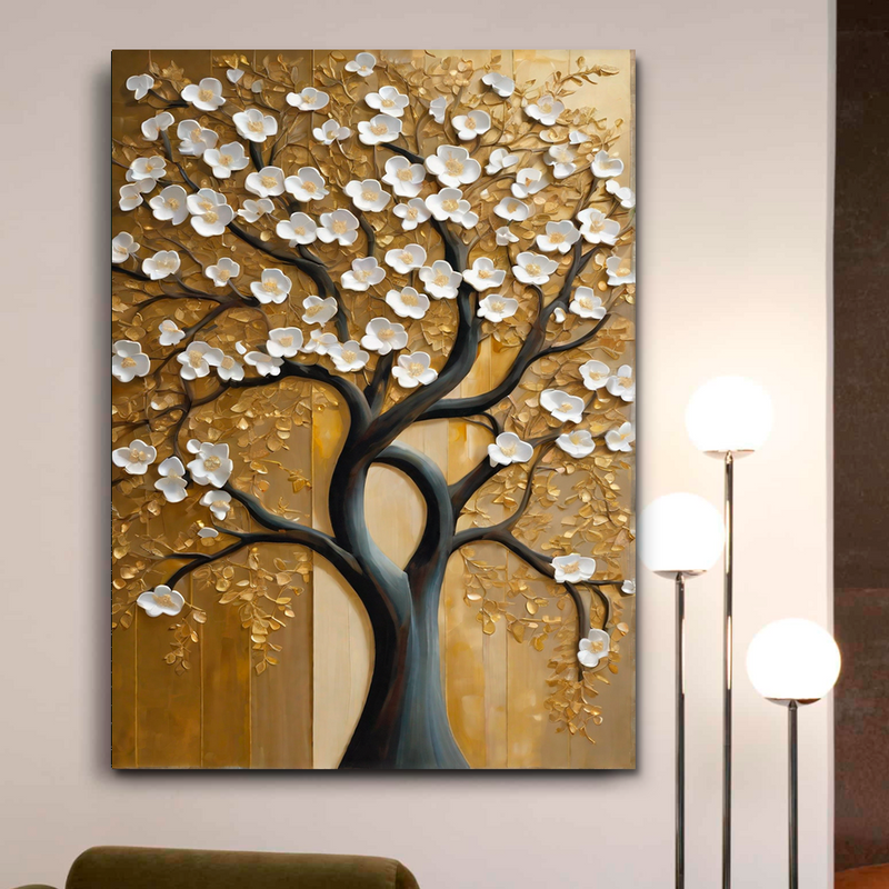 Quadro Decorativo Flores - Árvore com Folhas Brancas em Fundo Dourado