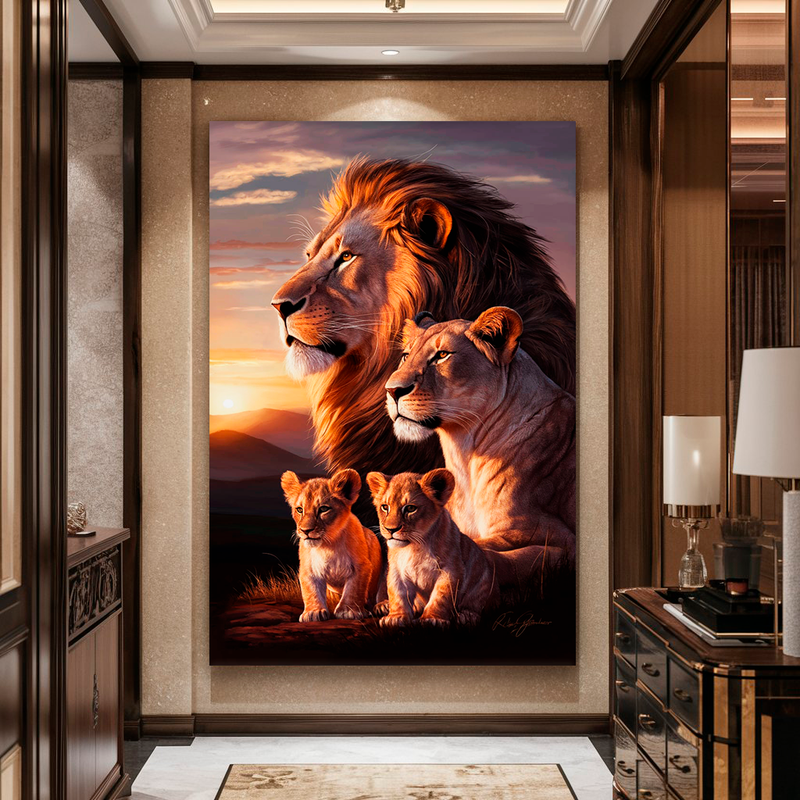 Quadro Decorativo Família de Leões 2 Filhotes - Entardecer