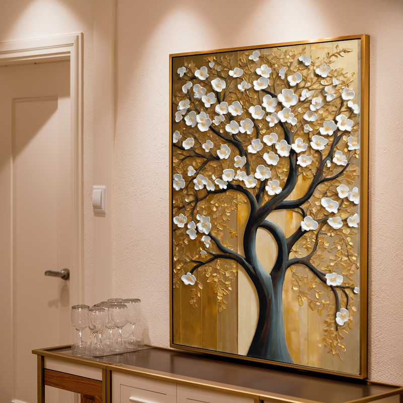 Quadro Decorativo Flores - Árvore com Folhas Brancas em Fundo Dourado