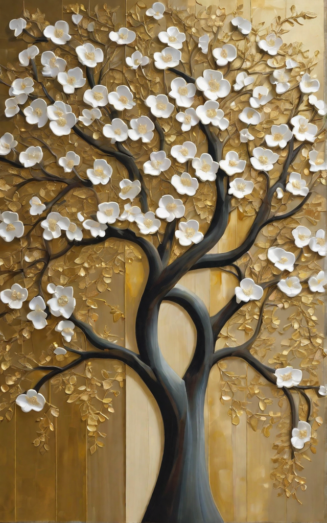 Quadro Decorativo Flores - Árvore com Folhas Brancas em Fundo Dourado